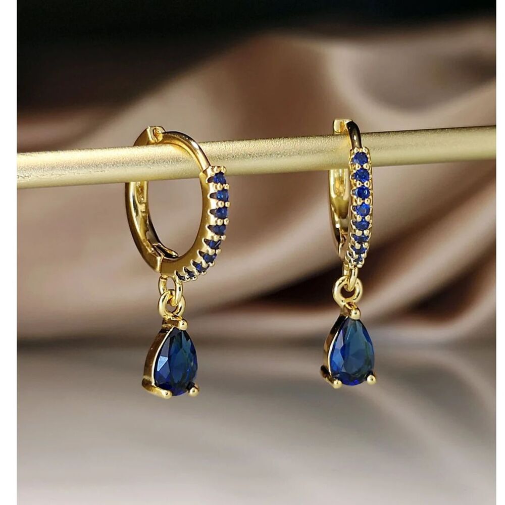 Blue Teardrop Zirconia Hoop Earrings Gold Drop Crystal Gemstone Pendant Charm